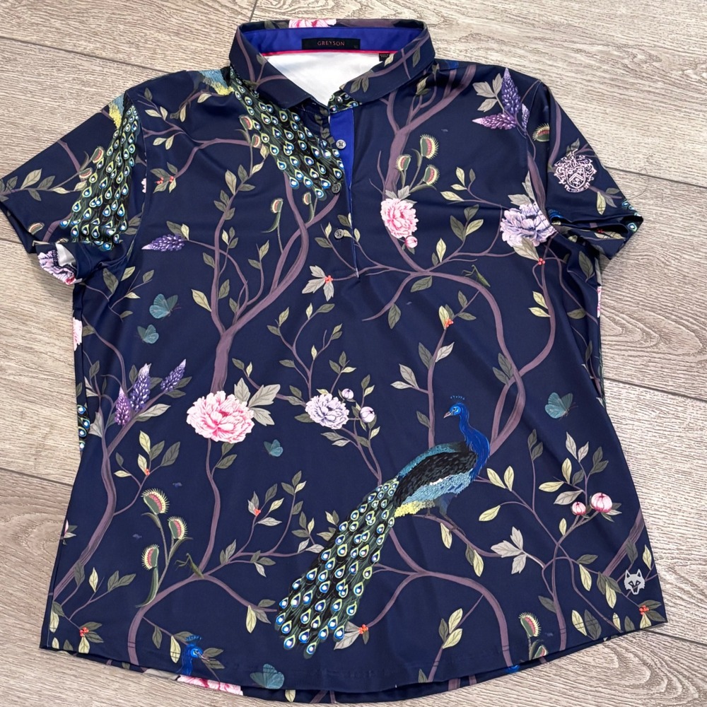 Greyson Golf Polo‎ Womens XL Navy Peacock Floral Print Performance Preppy Trump